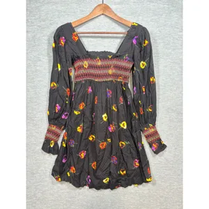 Urban Outfitters‎ Dress XS Isobel Black Floral Smocked Long Sleeve Boho Mini thumbnail 5