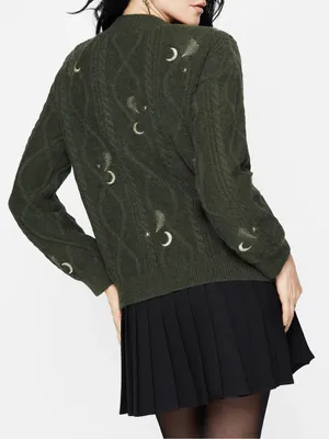 Disturbia Dianne Embroidered Cable Knit Cardigan Moon Star Fern Olive Green Knit thumbnail 3