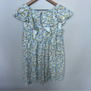 Hem & Thread NWT Peony Floral Ruffle Mini Dress Blue and Yellow Linen Size Small thumbnail 10