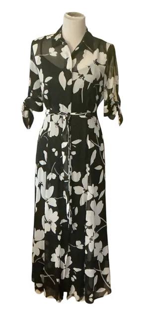 Calvin Klein Black & White Floral Sheer Shirt Dress Maxi w/ Slip & Belt thumbnail 2