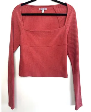 Urban Outfitters UO Ribbed Square Neck Long Sleeve Top Rust Red‎ Size Large thumbnail 1