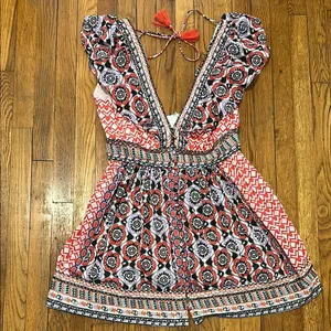 Anthropologie Beaded embroidered Bohemian Floral Print mini dress cotton 12 thumbnail 2