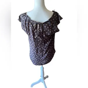 Lauren Conrad Polka Dot Tie Back Blouse Women's S Gray Pink Cap Sleeve thumbnail 4