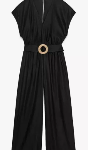 Zara Belted Black Linen V Neck Jumpsuit thumbnail 1