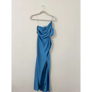 Hello Molly Blue One Shoulder Satin Maxi Dress Side Ruched Formal Gown Size 4 thumbnail 2