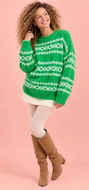 Aerie Flurry Fair Isle Green Oversized Crew Sweater thumbnail 1