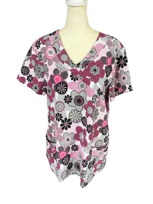 Women's pink, white, gray, black floral short sleeve v-neck scrub top size L thumbnail 1