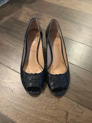 Tory Burch Navy Patent Lowell Peep Toe Wedge Heels Sz 7.5 thumbnail 2