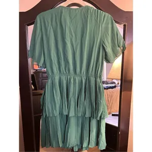 NEW Green Wrap V Neck Belted Swing Pleated Mini Dress M thumbnail 5