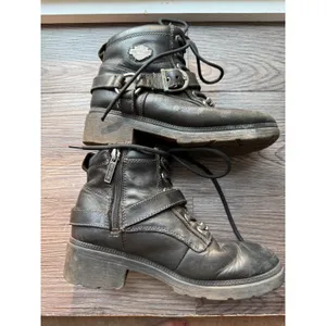 Harley Davidson Womens Black Leather Moto Combat Boots Side Zip Buckle Lug Sole thumbnail 9