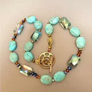 Boho Turquoise Colored Howlite Crystal Toggle Clasp Statement Necklace Blue thumbnail 5
