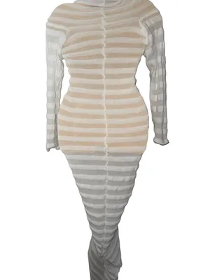 Elegant White Long-Sleeve Ribbed Sheath Dress / cover up thumbnail 3
