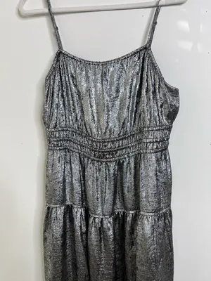 Y2K Metallic Boho Smocked Waist defined Midi Dress L Party Prom Graduation Glam thumbnail 4