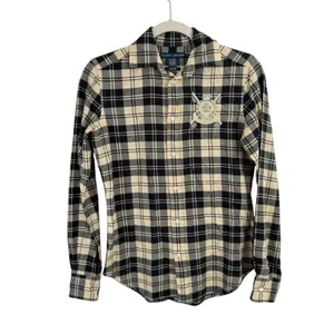 Ralph Lauren Plaid Button Front Shirt Crest Cotton Wool Preppy Academia Womens 4 thumbnail 2