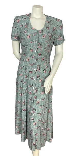 Vintage Floral Dress Shell Buttons Shirred Smocked Midi Cottagecore Summer Fall thumbnail 1