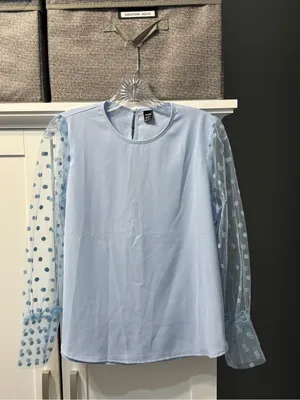 Women’s Light Blue Sheer Polka-Dot Sleeve Blouse Size S NWOT Chic Office Wedding thumbnail 4