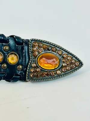Western Rhinestone Whipstitch Belt with Orange Stones and Black Faux Leather thumbnail 7