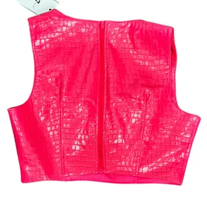 7 For All Mankind Hot Pink Vegan Leather Crocodile Crop Top Shorts Set M NEW Tag thumbnail 11