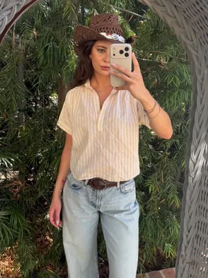 Target Universal Thread cream & white striped button up blouse sz S #western #minimalist #preppy thumbnail 2