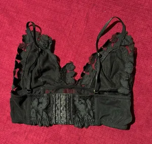 PINK - Victoria's Secret S/M black satin lace floral cup bralette thumbnail 2