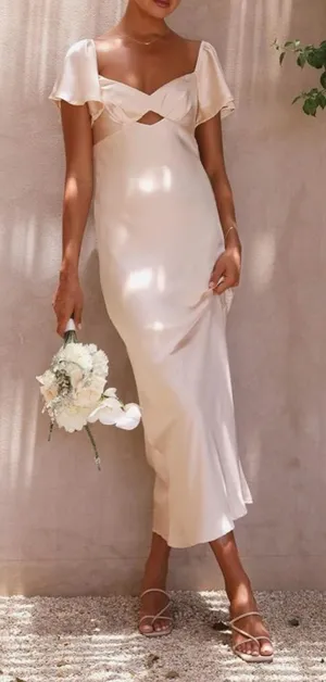 Champagne bridesmaid maxi dress formal summer gown flutter sleeves & open back thumbnail 1