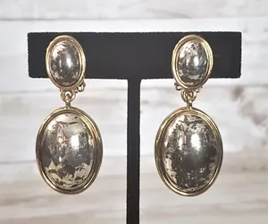 Vintage Clip On Earrings Statement Dangle Gold Tone with Spotted Silver Tone thumbnail 1