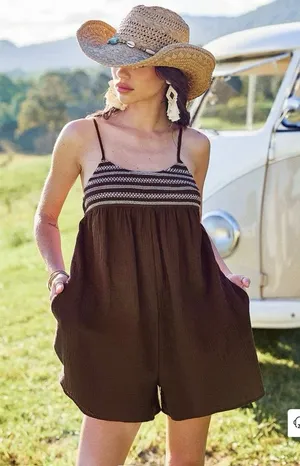 Cupshe Brown Gauze Square Neck Flared Leg Short Romper S NWT Boho Vacation thumbnail 1