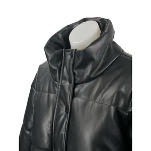 Le Lis Black Faux Vegan Leather Quilted Long Sleeve Crop Puffer Coat Jacket Sz L thumbnail 3