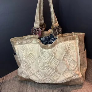 TORY BURCH Tote Bag Cable Knit METALLIC GOLD TRIM Wool Silk Lining Horse READ! thumbnail 2