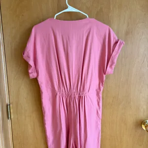 Madewell Button Front Jumpsuit Womens 4 Pink Herringbone Short Sleeve‎ Wide Leg thumbnail 2