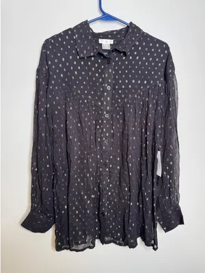 Venus Button Down Shirt Womens 8 Black NWT Metallic Rainbow Foil Polka Dot Top thumbnail 1