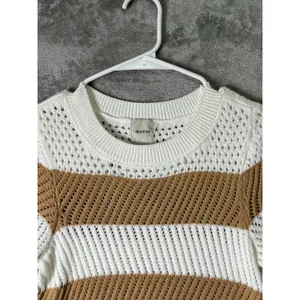 Maeve Open Stitch Mesh Sweater Women's XXS Tan Cream Striped Short Sleeve Knit thumbnail 2