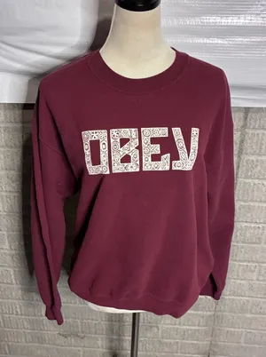 Obey Burgundy Maroon Paisley Logo Crewneck Sweatshirt Womens Medium Streetwear thumbnail 1