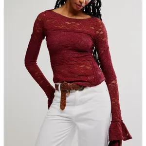 NWT Free People Burgundy Lace Long Sleeve Top M thumbnail 5
