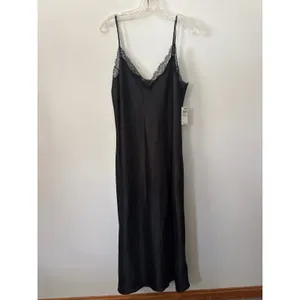 INC Black Silk Blend Lace Trim Slip Dress V-Neck Maxi Nightgown Slit Size XS NEW thumbnail 5