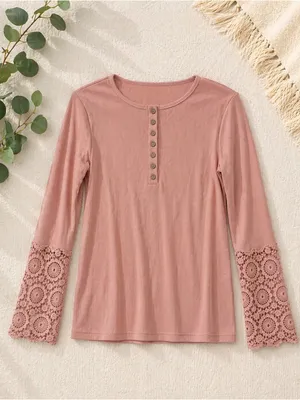 Amazon Women's Long Sleeve Henley Top with Crochet Cuffs - Rose thumbnail 2