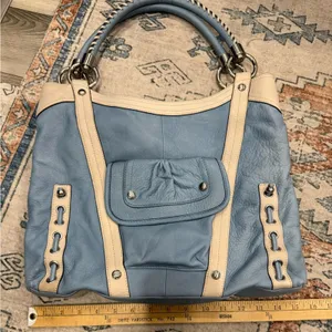 B. Makowsky Blue and Cream Shoulder leather laptop message Bag leopard lining thumbnail 9