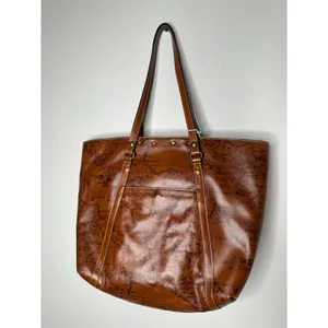 PATRICIA NASH Brown Leather Benvenuto Italy Map Antique Brass Tote Shoulder Bag thumbnail 9
