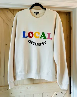 Madhappy Cream 'LOCAL OPTIMIST' Crewneck Sweatshirt with Multicolor Lettering thumbnail 1