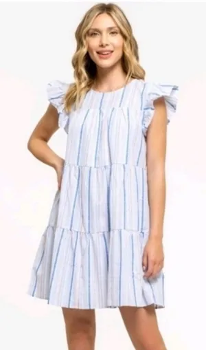 NWOT August Sky Striped Womens Mini Tiered Flutter Sleeve Dress Size Medium thumbnail 1