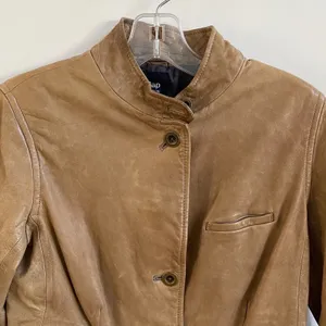 Gap Leather Jacket Women XS Tan Brown Dark Academia Mock Neck Button Blazer thumbnail 4