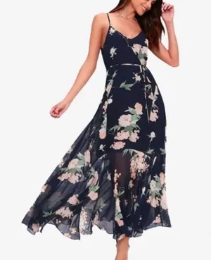 Lulus Feeling Freesia Navy Blue Floral Print Handkerchief Hem Maxi Dress thumbnail 1
