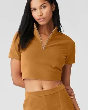 Alo Yoga Quarter Zip Mock Neck Corduroy Crop Top In Toffee - Women’s size small thumbnail 1