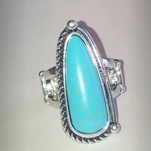 Turquoise Faux Stone Silver Tone Cocktail Ring - Blue Teardrop Statement thumbnail 2