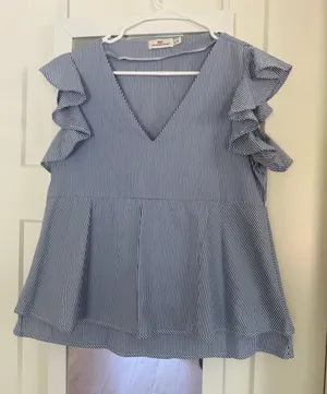 Vineyard Vines Blue and White Striped Ruffle Sleeve Top Size M thumbnail 1