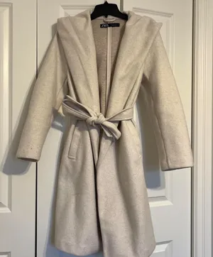 Zara Hooded Belted Cream Coat thumbnail 1
