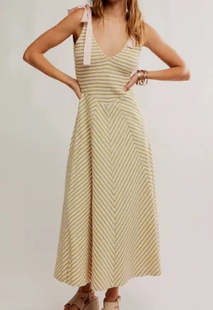 Free People Free-est Cecelia Midi Dress Striped Green Pink XS NWT Cotton thumbnail 1