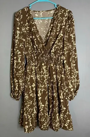 Hapsho Brown Floral Elastic Sleeve Dress Size Medium NWOT thumbnail 1