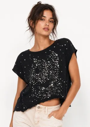 Free People Embellished Distressed Knit Top Black Sequin Rhinestone Tee Y2K S thumbnail 1