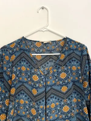 PINK ROSE Blue Mustard Navy Floral Chevron 3/4 Sleeve Roll Tab Sleeve Blouse Top thumbnail 2